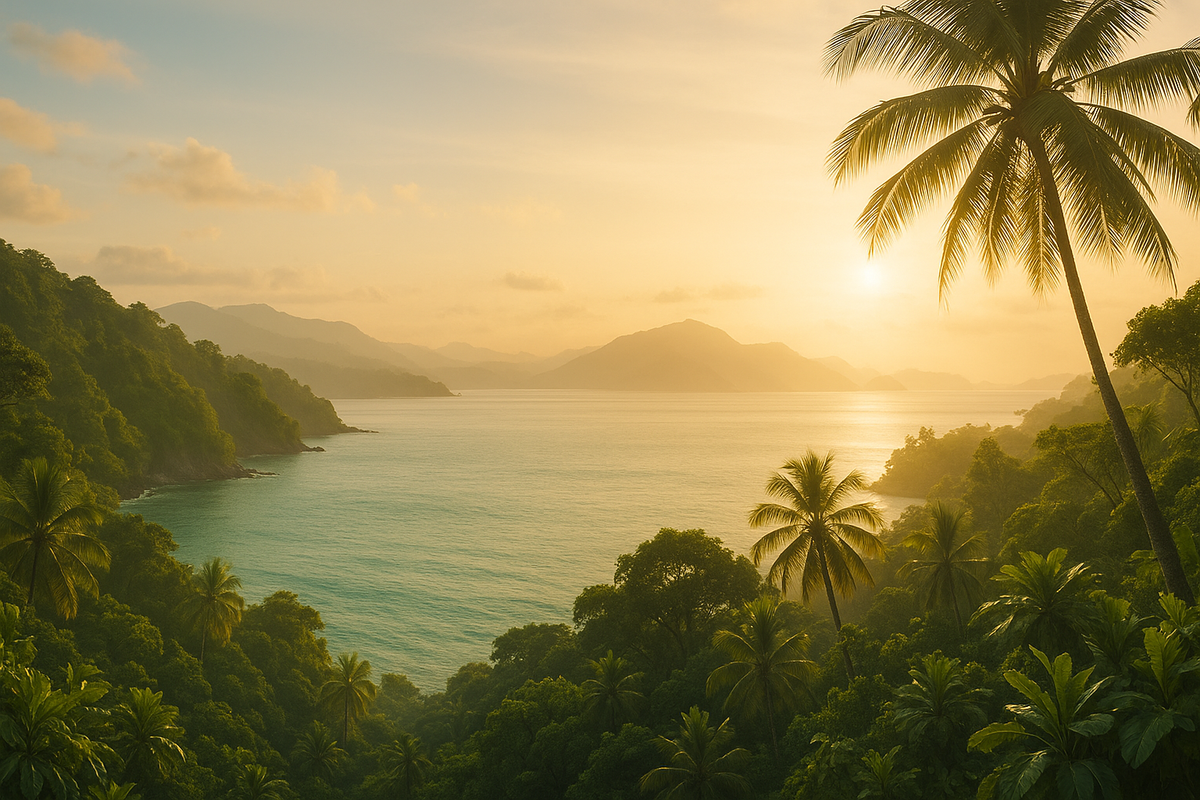 Peaceful Trinidad coastal landscape at golden hour representing mental health and wellness in the Caribbean