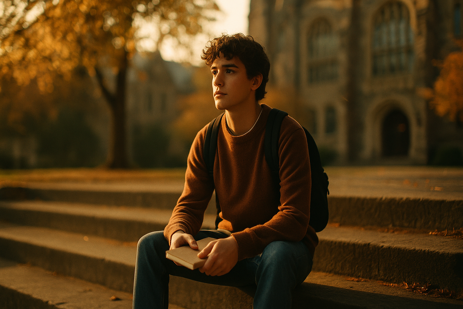 College student sitting on campus steps at sunset reflecting on mental health and coping strategies