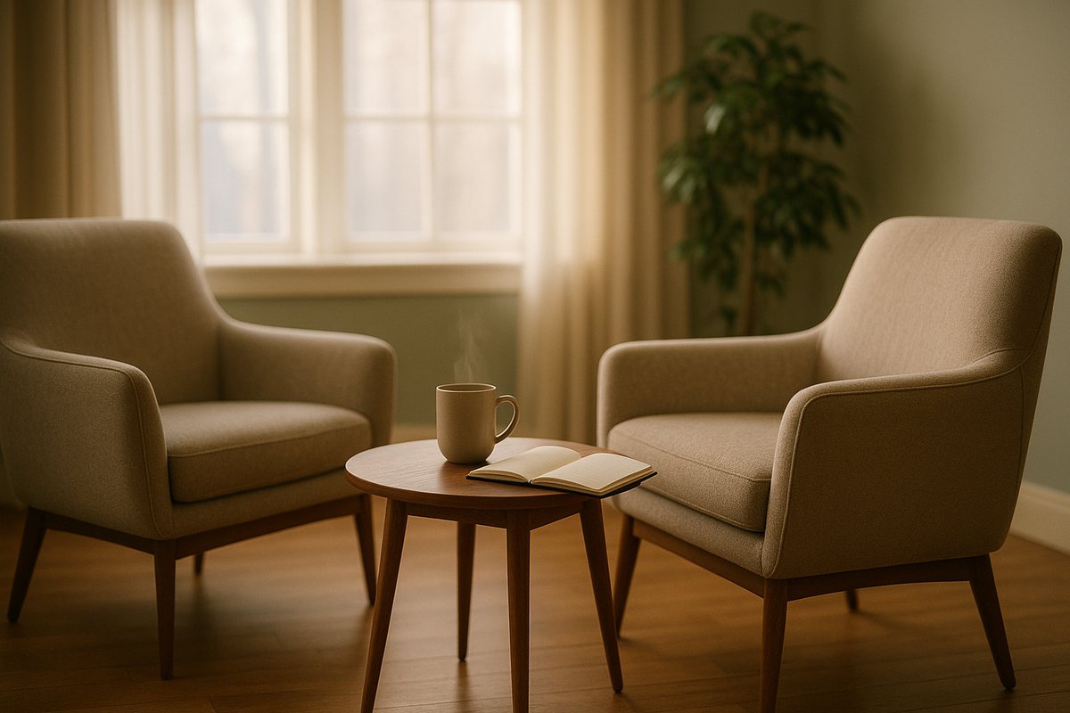 Welcoming therapy office with two armchairs representing ACT therapy reviews and client-clinician relationship
