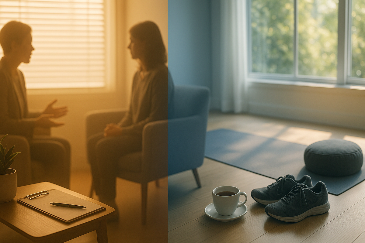 Split scene showing behavioral health therapy room and wellness program lifestyle space side by side