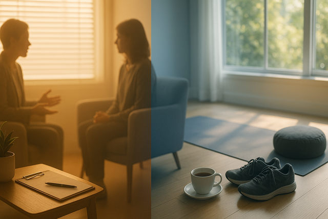 Split scene showing behavioral health therapy room and wellness program lifestyle space side by side