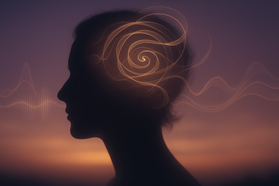Silhouette of a head with looping sound waves illustrating earworms and anxiety connection
