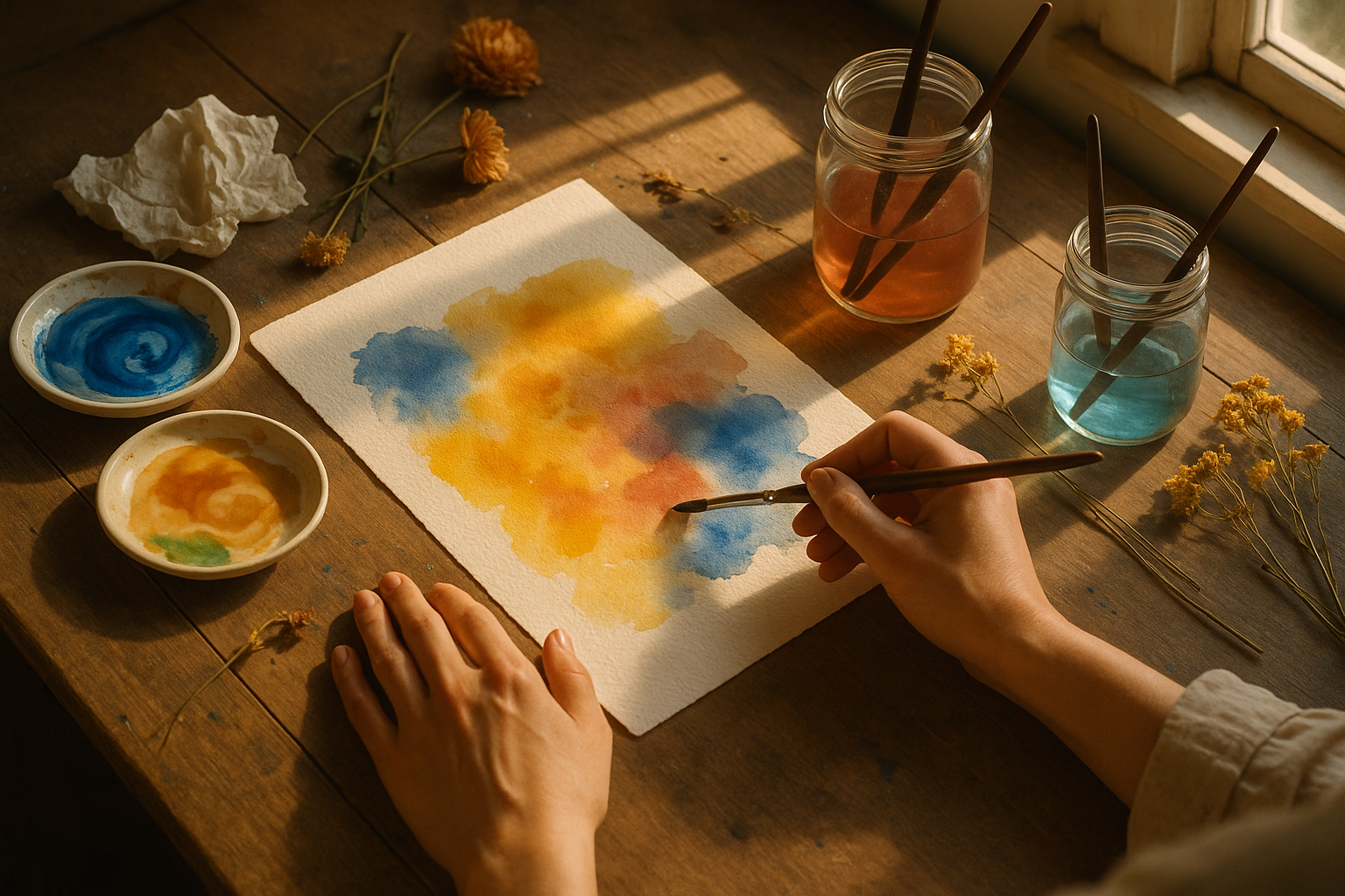 Hands painting with watercolors in a sunlit studio illustrating art therapy for mental health and creative healing