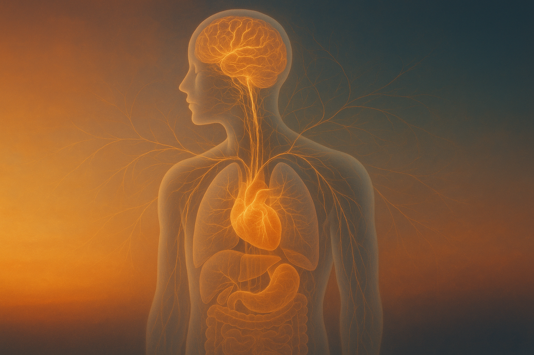 Glowing human silhouette showing mind-body connection pathways between brain, heart, and gut