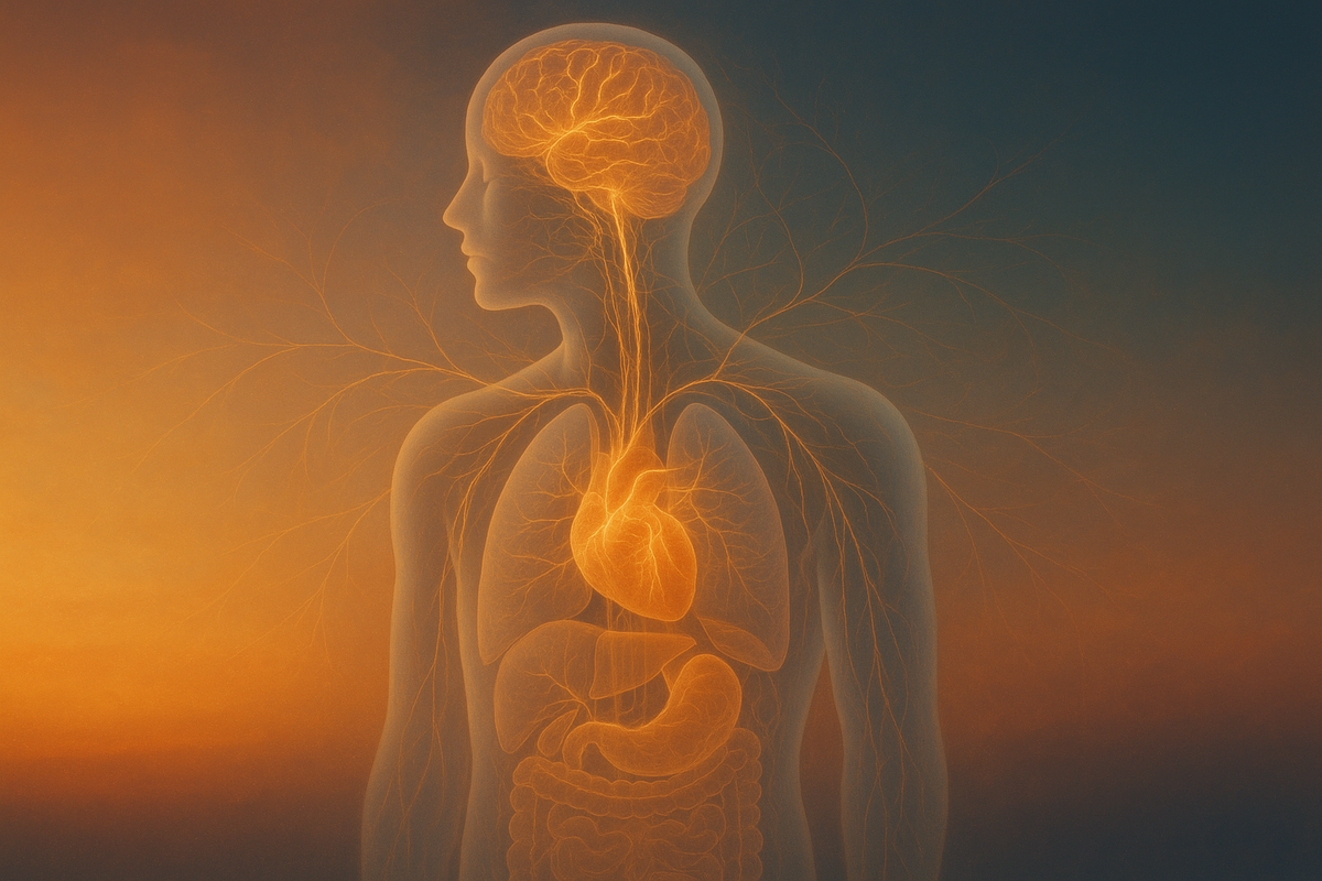 Glowing human silhouette showing mind-body connection pathways between brain, heart, and gut