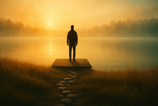 Silhouetted figure at misty sunrise lake symbolizing ACT for PTSD acceptance and trauma recovery