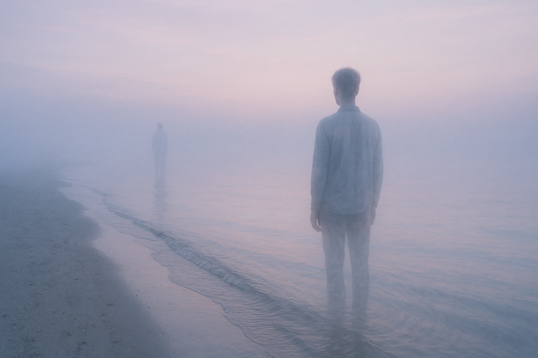 Translucent figure on misty shore symbolizing dissociation and depersonalization from one's body