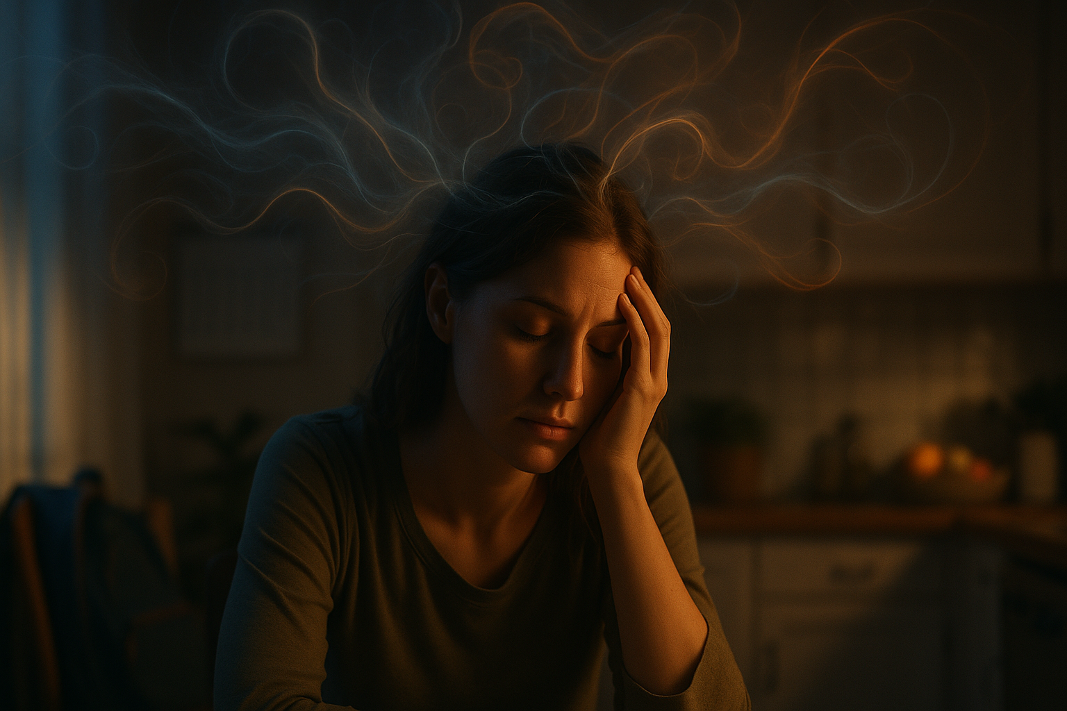 Exhausted woman at kitchen table surrounded by ethereal swirls representing the invisible mental load