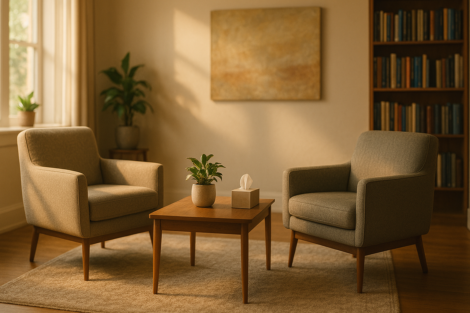Modern therapy office with two facing armchairs illustrating mental health careers and clinical practice settings