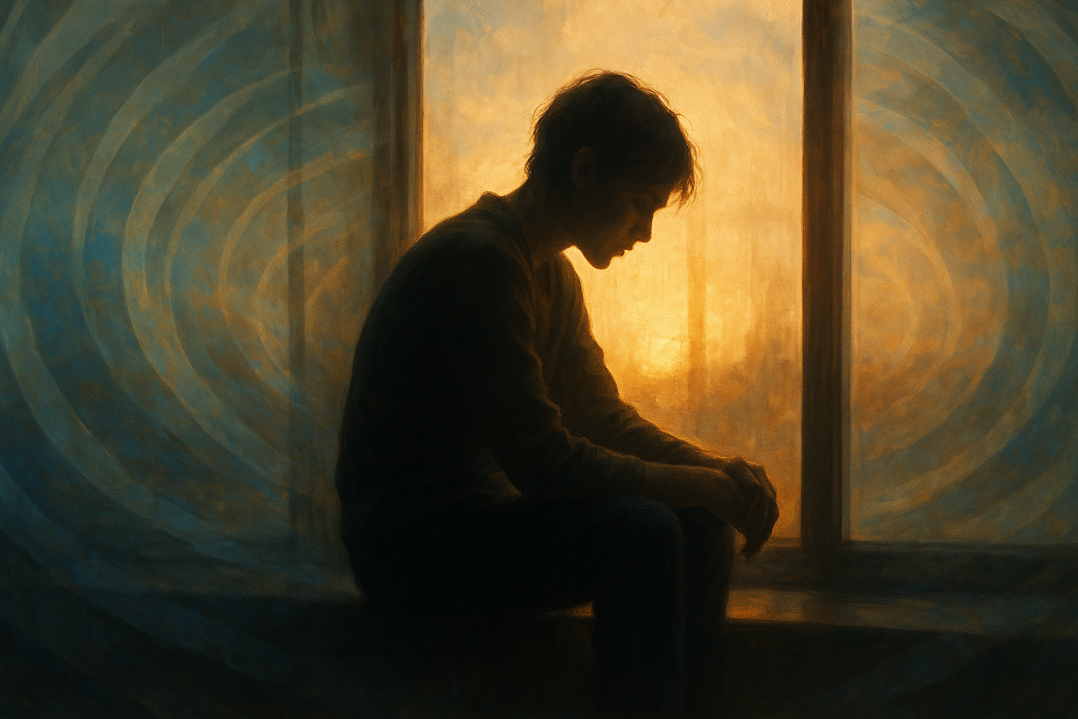 Adult sitting alone by window in golden light symbolizing rejection sensitive dysphoria ADHD emotional waves