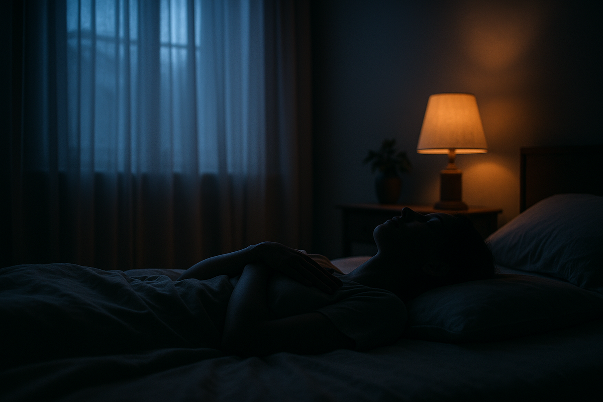 Person using butterfly hug bilateral stimulation for sleep in a softly lit bedroom at night