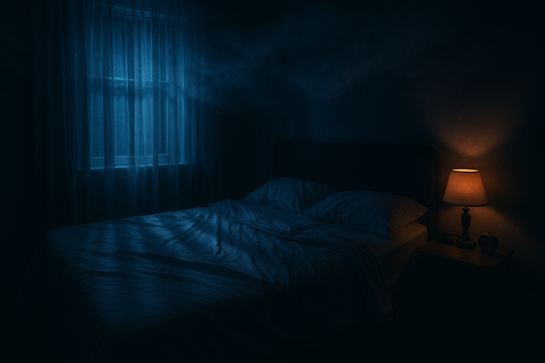 Dimly lit bedroom at night representing the threshold experience of sleep paralysis and anxiety