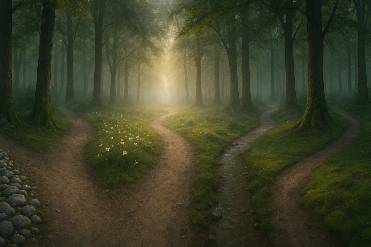 Four converging forest paths symbolizing third-wave behavior therapies ACT DBT MBCT and FAP