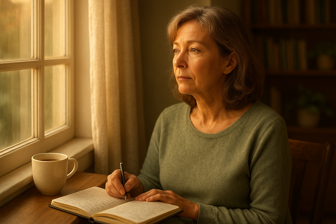 Adult woman studying by window, exploring mental health benefits of learning a new language in adulthood