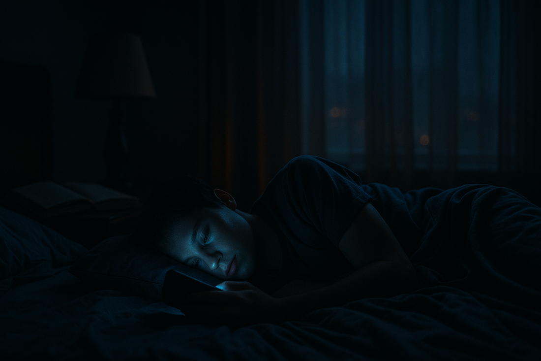 Person in dark bedroom scrolling phone at night showing revenge bedtime procrastination