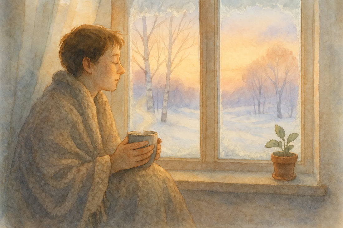 Person wrapped in blanket by sunlit window in winter, illustrating warmth and hope amid Seasonal Affective Disorder