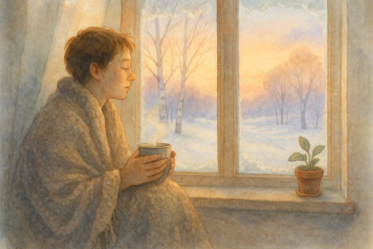 Person wrapped in blanket by sunlit window in winter, illustrating warmth and hope amid Seasonal Affective Disorder