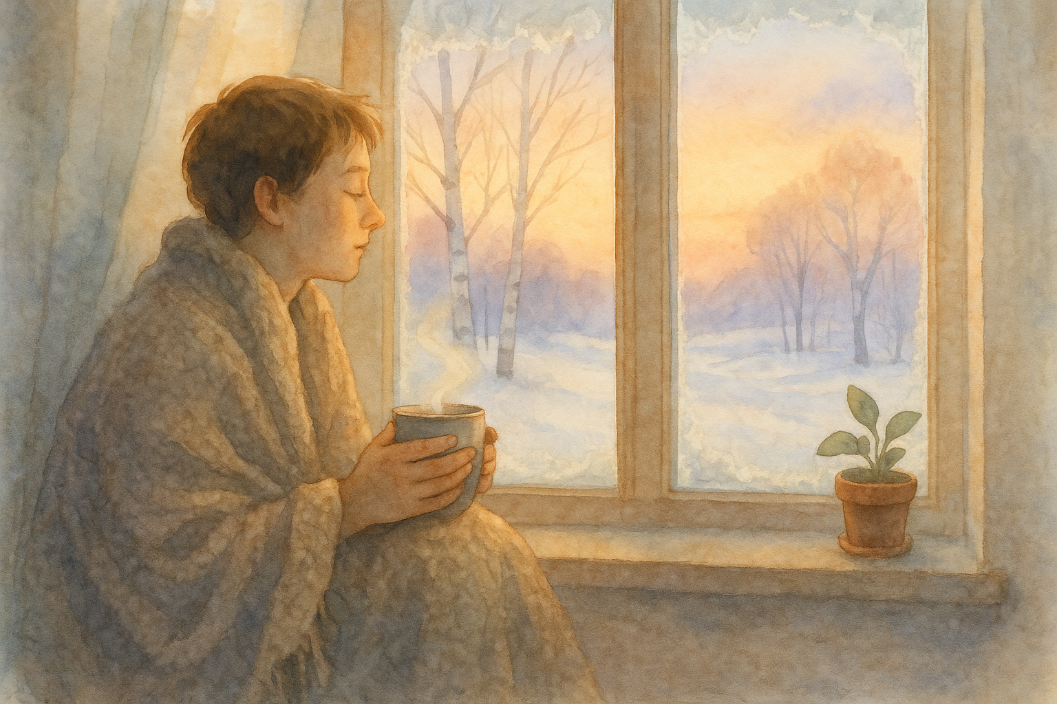 Person wrapped in blanket by sunlit window in winter, illustrating warmth and hope amid Seasonal Affective Disorder