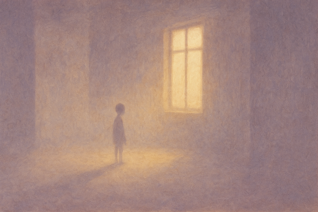 Faint translucent human silhouette shrinking in vast empty room symbolizing echoism and self-erasure