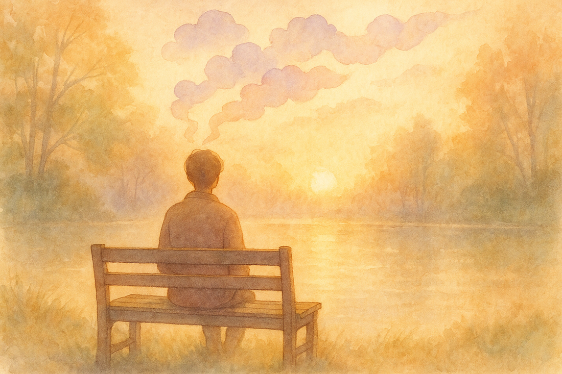 Person on bench by lake at sunrise releasing thoughts, symbolizing breaking negative self-talk and emotional renewal