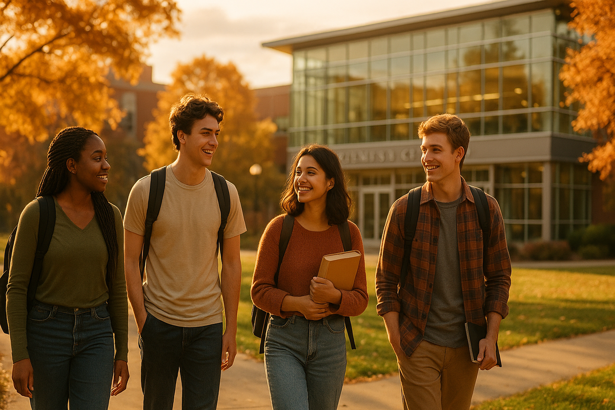 Diverse college students walking together on sunlit campus quad representing college student mental health crisis resources and community support