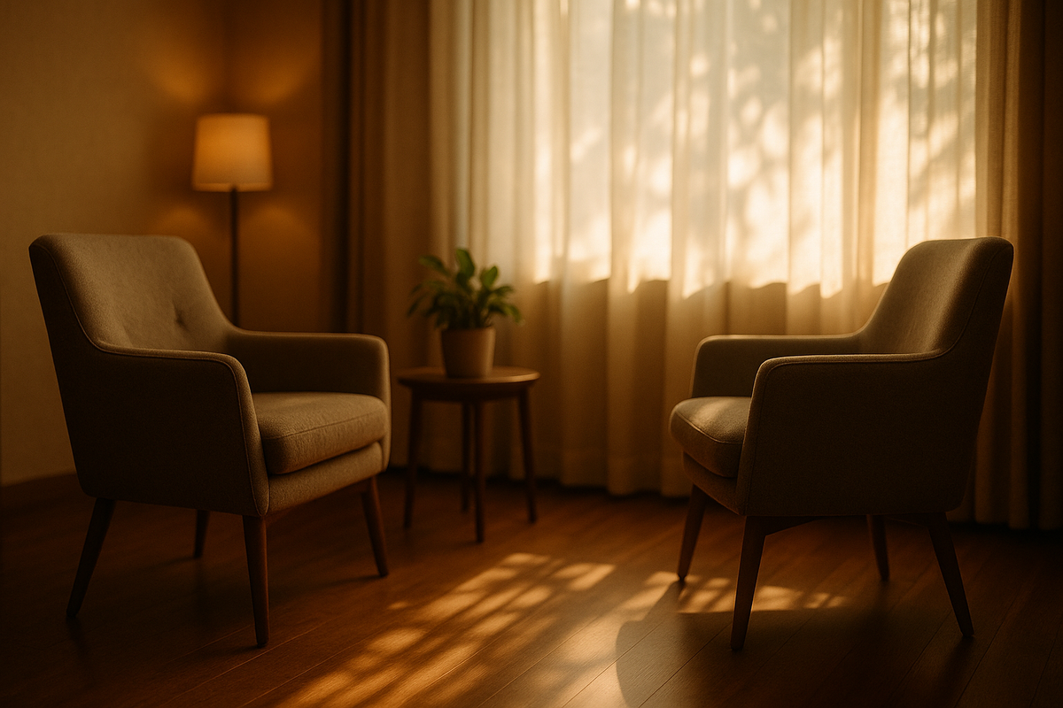Calm therapy office with two armchairs representing a first acceptance and commitment therapy session