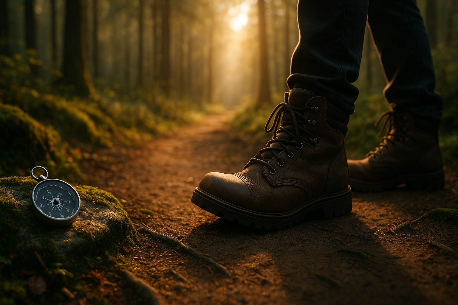 Hiking boots on sunlit forest trail with compass symbolizing committed action in ACT toward values