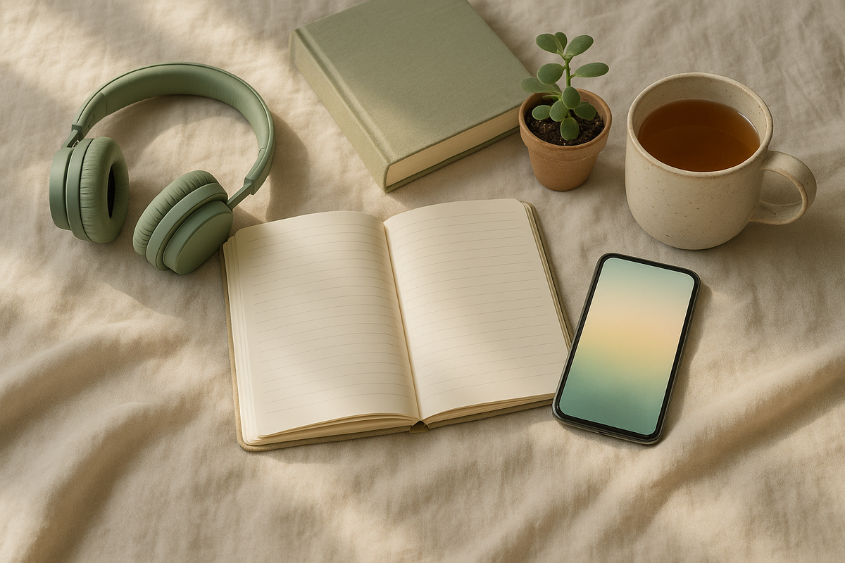 Clinician-vetted mental health resources including headphones, book, journal, and smartphone on linen background