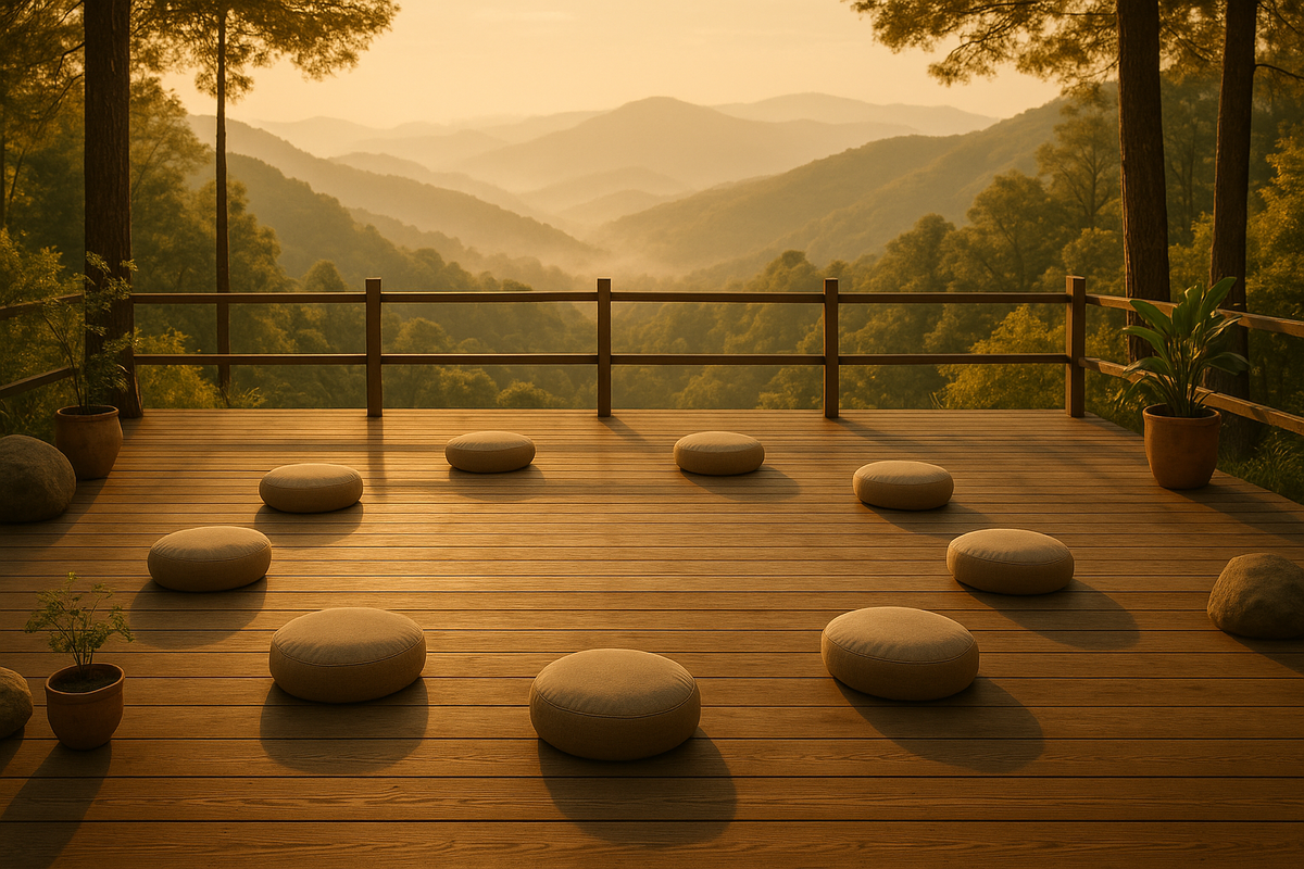 Peaceful outdoor mental health retreat deck at sunrise overlooking misty mountains and evergreen trees