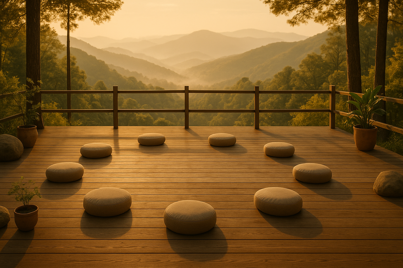 Peaceful outdoor mental health retreat deck at sunrise overlooking misty mountains and evergreen trees