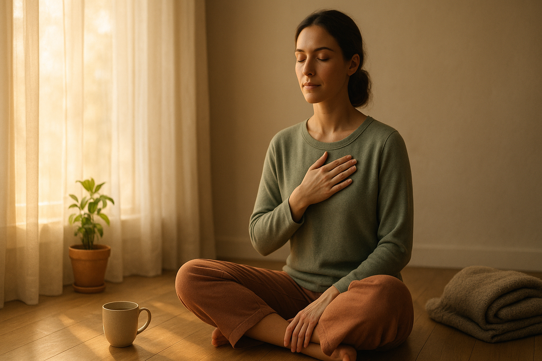 Woman practicing DBT emotion regulation skills in a sunlit room with calm posture