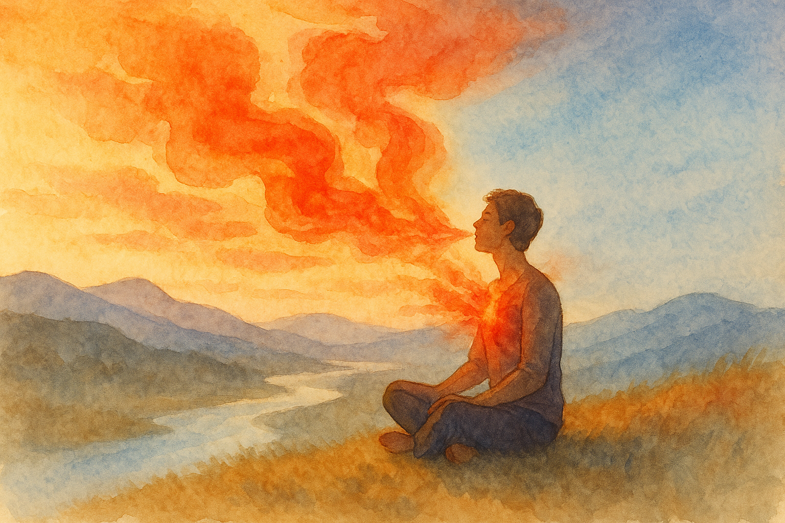 Watercolor illustration of person releasing fiery emotions into calm sky symbolizing anger management psychology and emotional processing