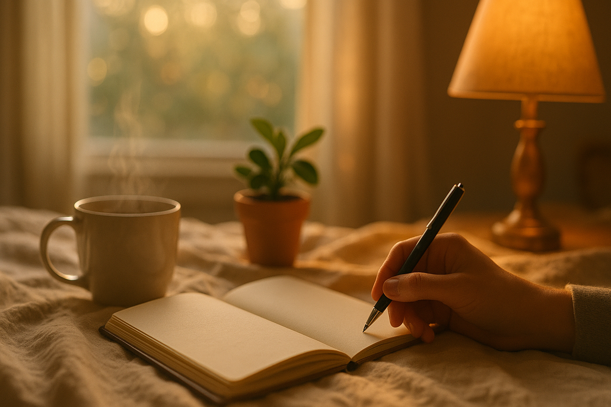 Hand writing in notebook by warm lamp, building a mental health safety plan in calm moment