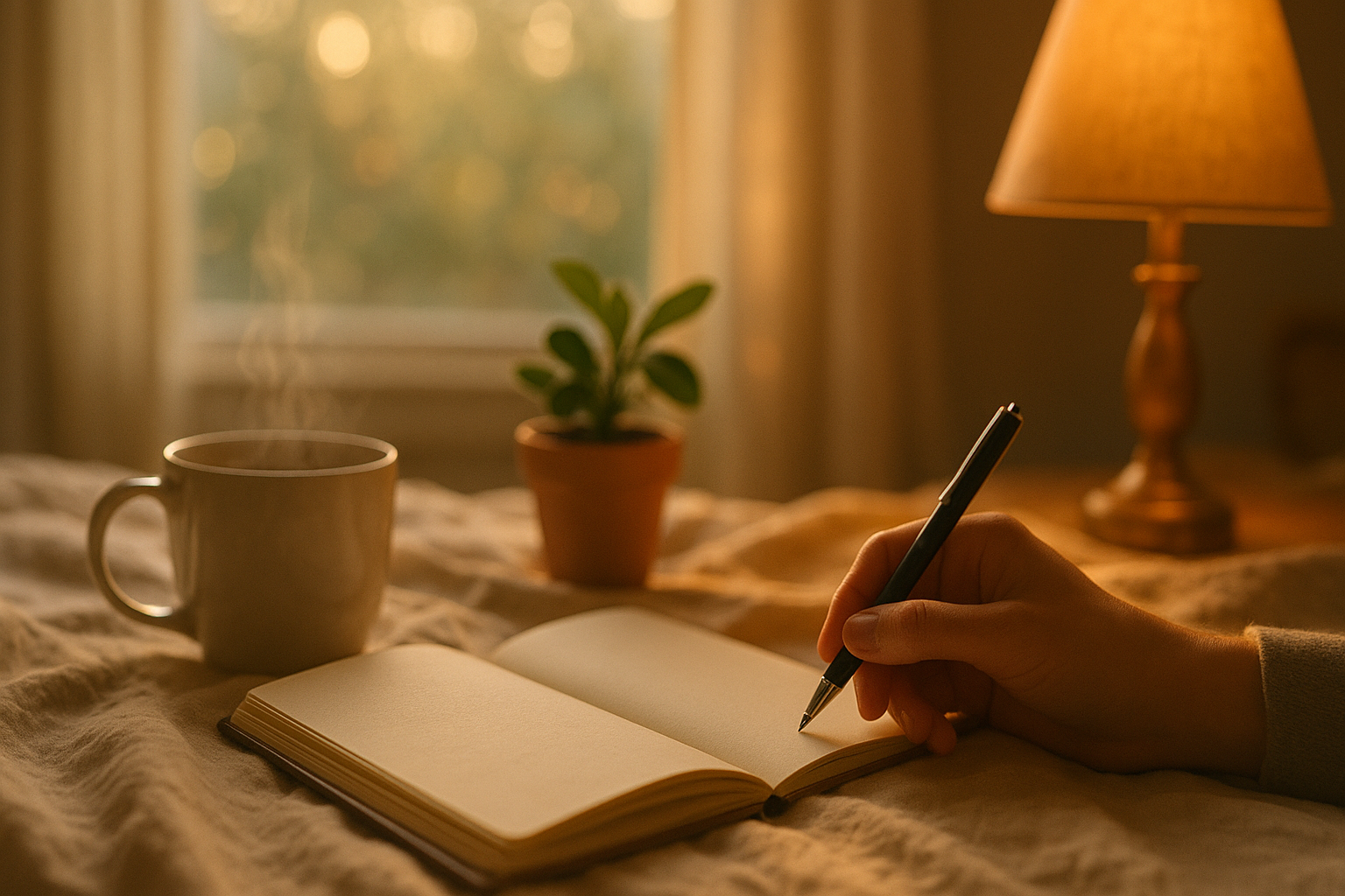 Hand writing in notebook by warm lamp, building a mental health safety plan in calm moment