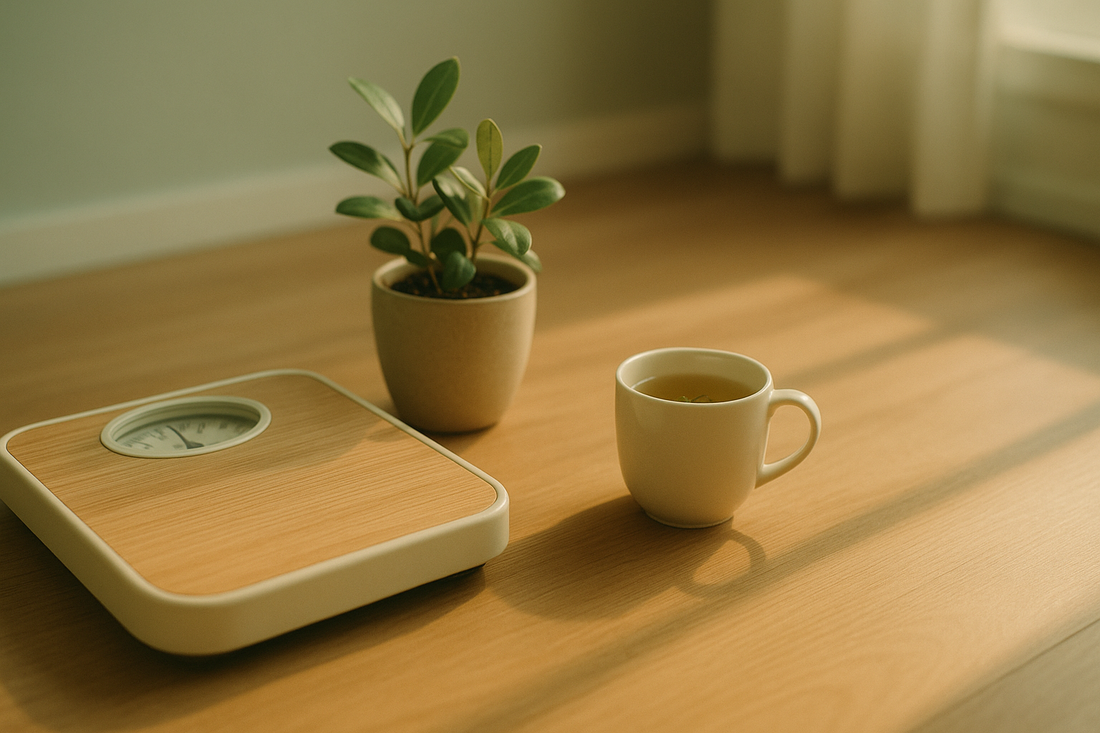 Wooden bathroom scale beside plant and tea mug illustrating SSRIs and weight gain considerations