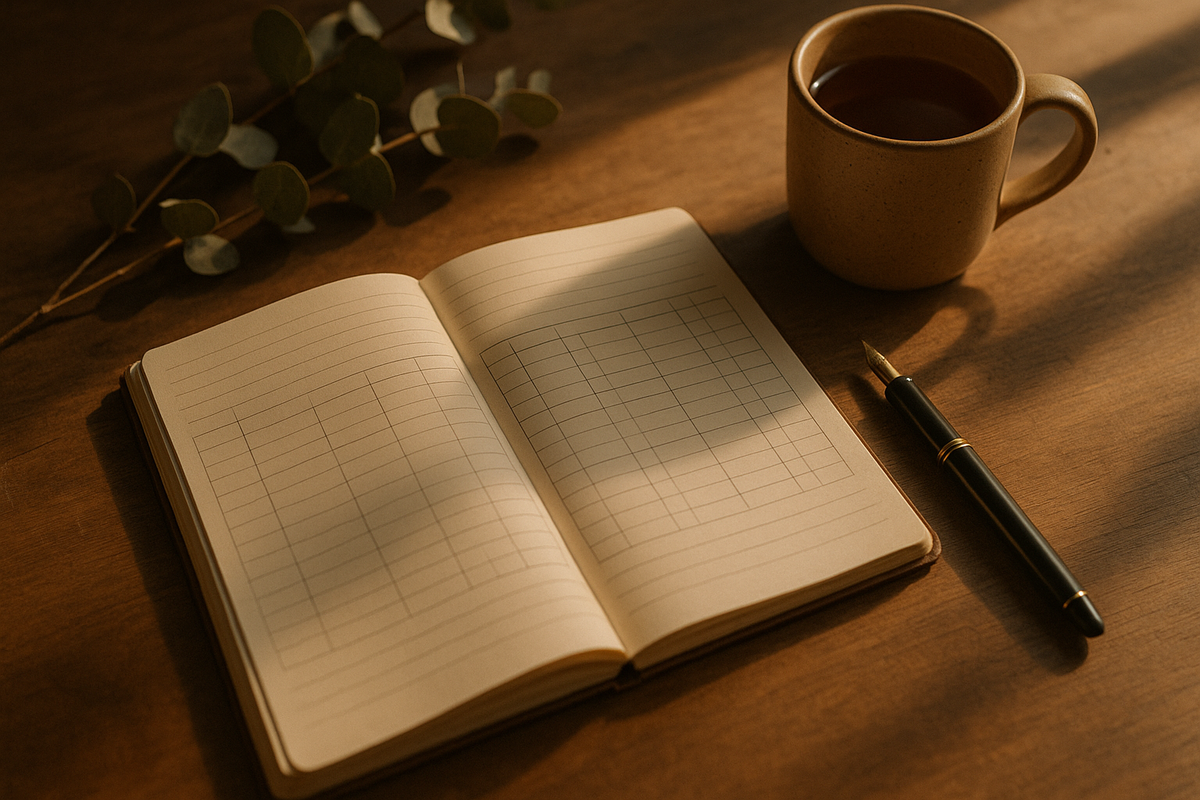 Overhead view of a paper monitoring notebook and pen used for behavioral activation mood-activity tracking on a wooden desk