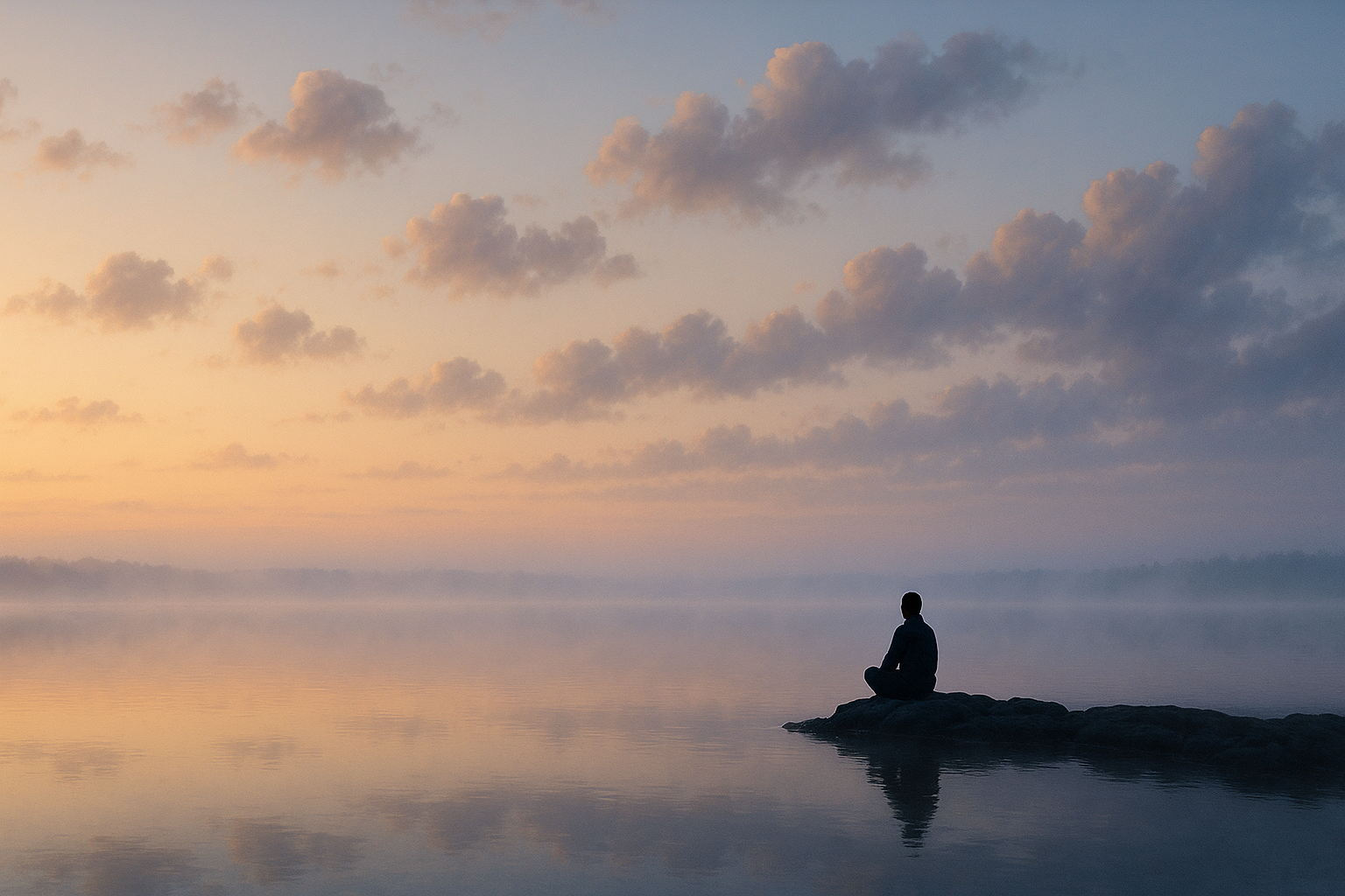 Person sitting by lake watching vast sky symbolizing the self-as-context observing self in ACT