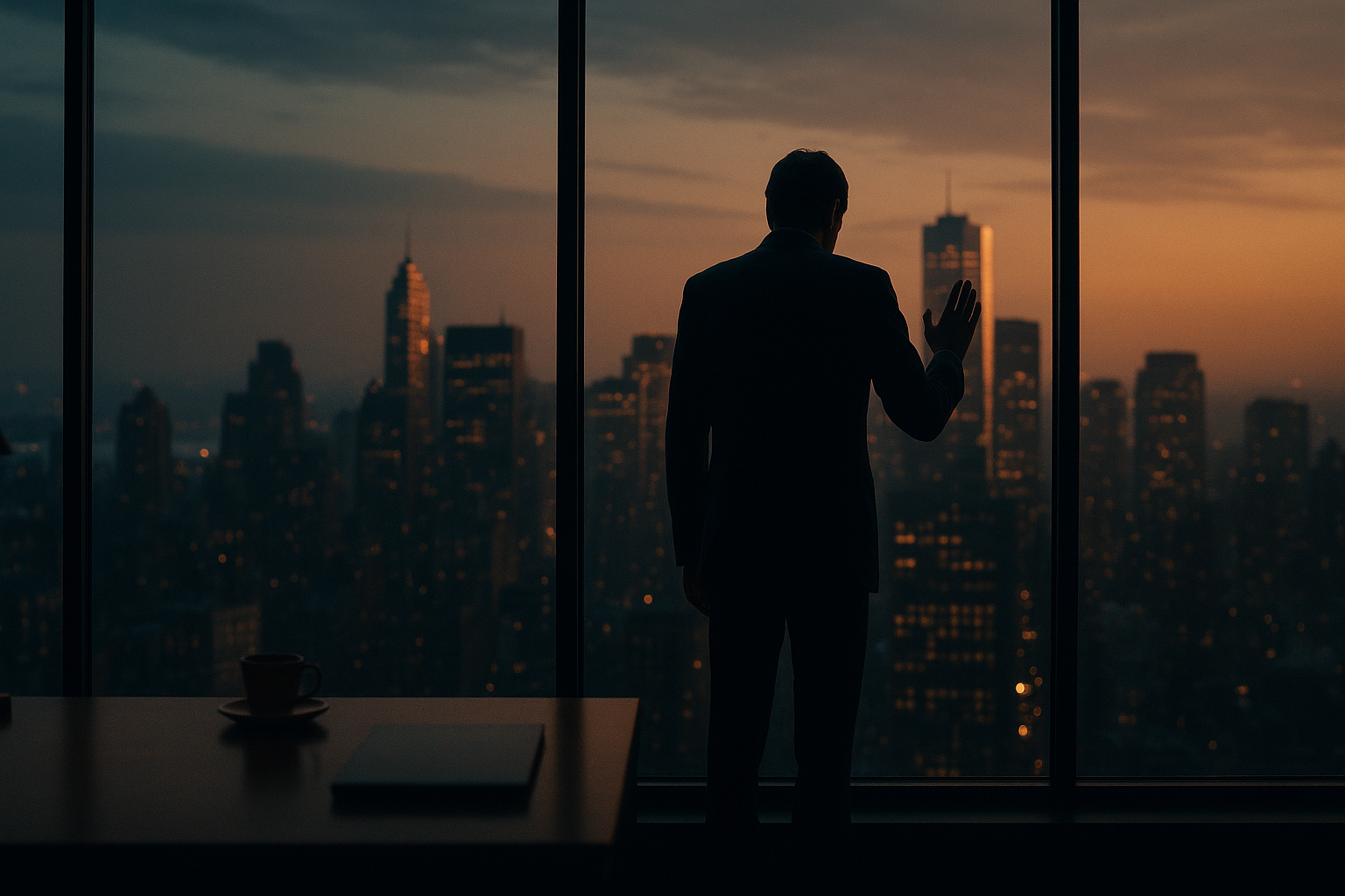 High achiever silhouette at office window at dusk symbolizing perfectionism and burnout in successful professionals