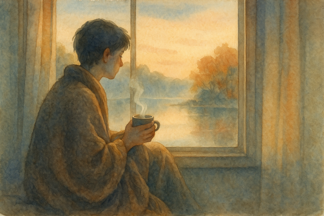 Person reflecting quietly by a misty window at dawn, symbolizing recovery from alcohol and anxiety cycles