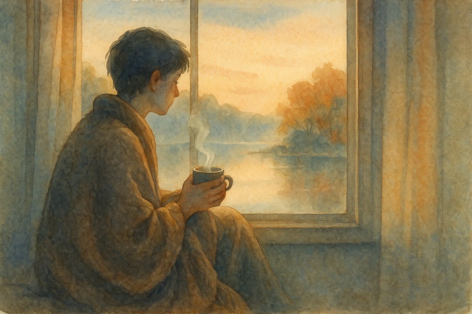 Person reflecting quietly by a misty window at dawn, symbolizing recovery from alcohol and anxiety cycles