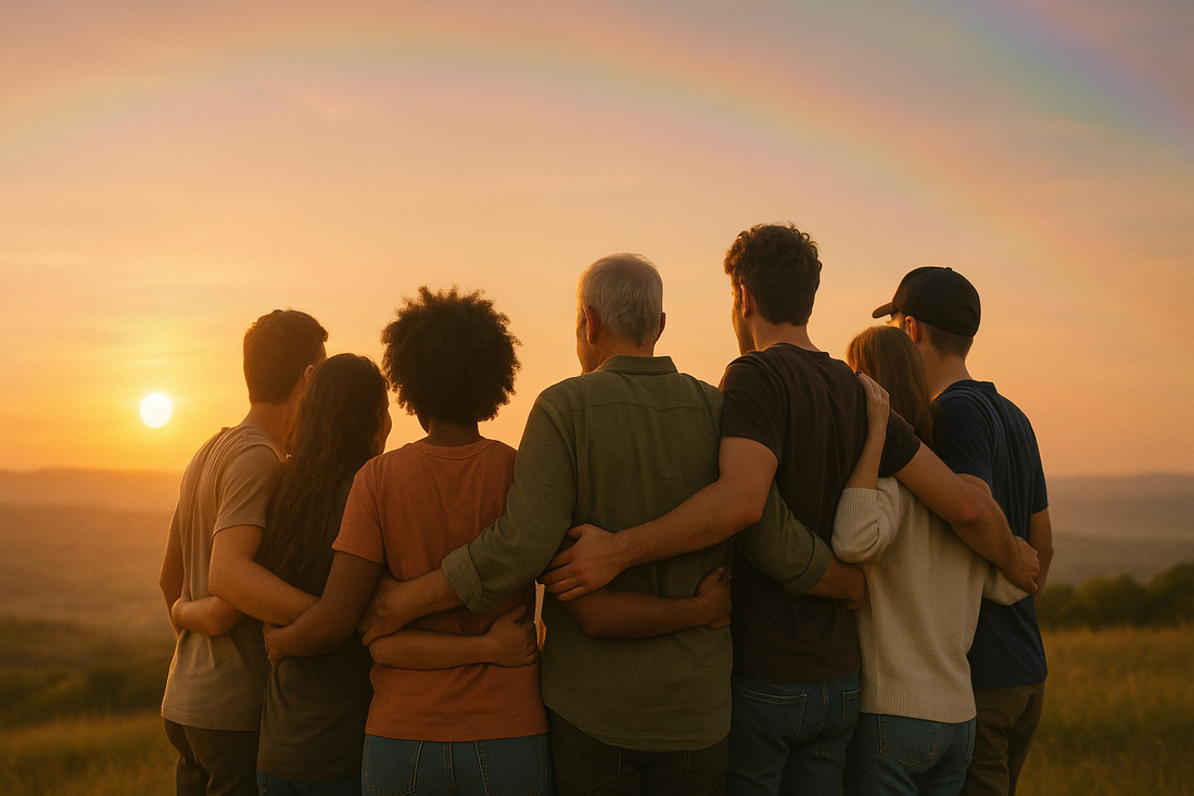 Diverse LGBTQ+ community members embracing in warm golden sunset light symbolizing affirming mental health support