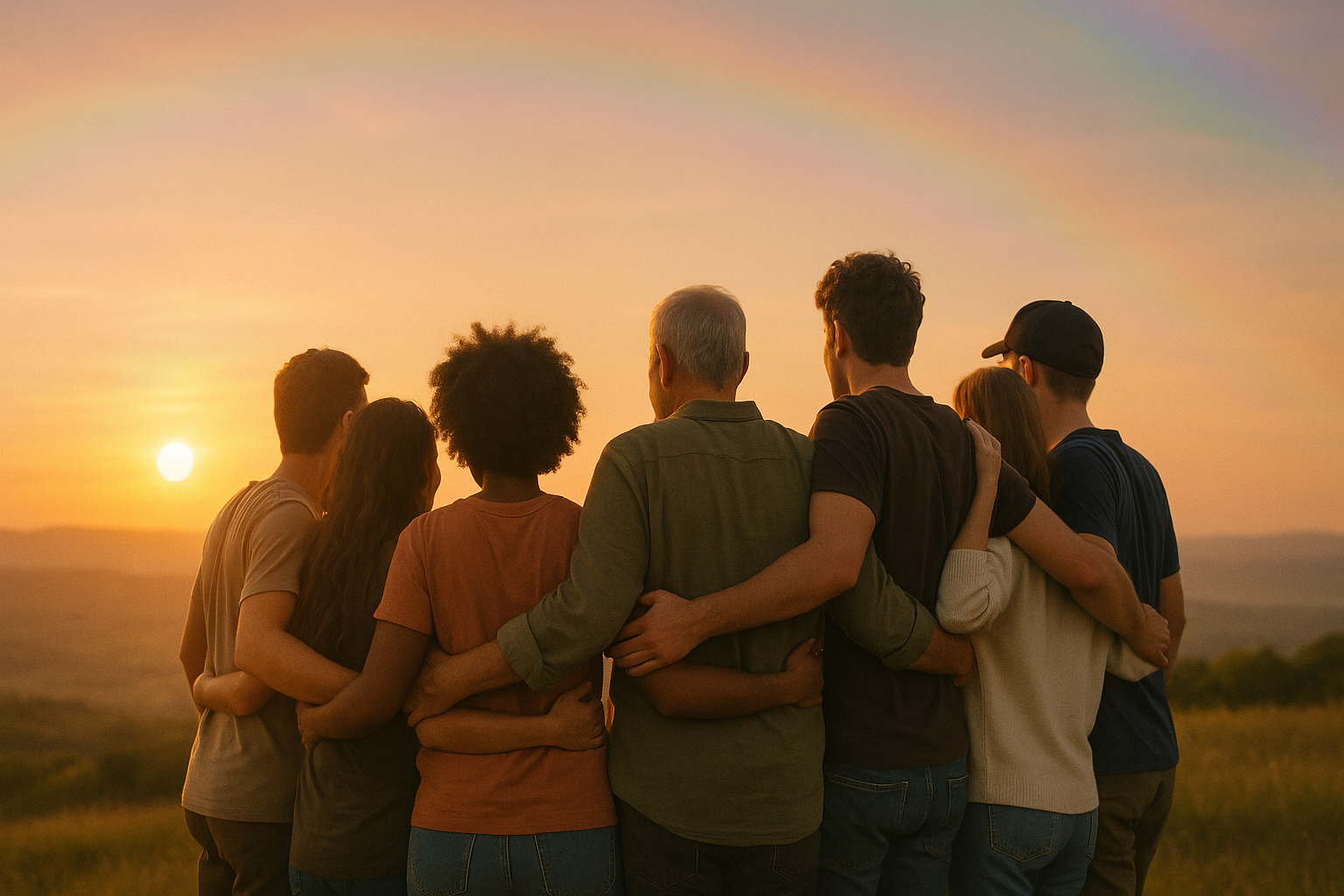 Diverse LGBTQ+ community members embracing in warm golden sunset light symbolizing affirming mental health support