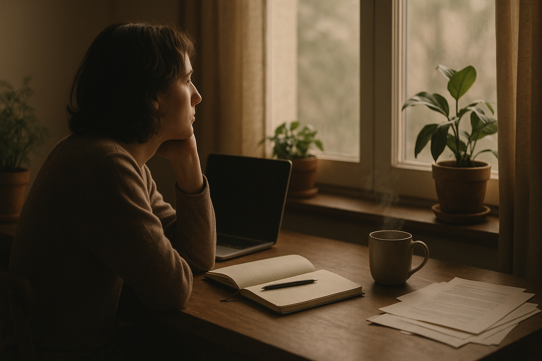 Person at desk gazing out window illustrating the psychology of procrastination and emotional avoidance