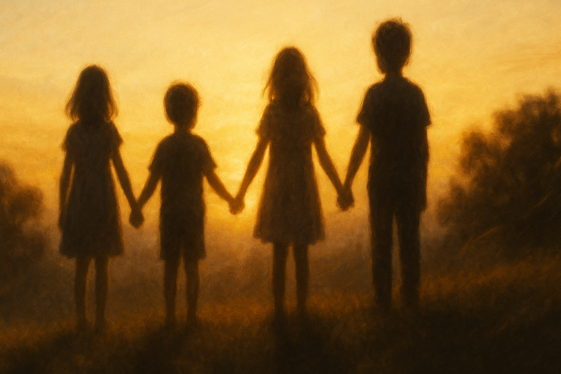 Four sibling silhouettes on hillside at sunset representing birth order myths and sibling psychology bonds