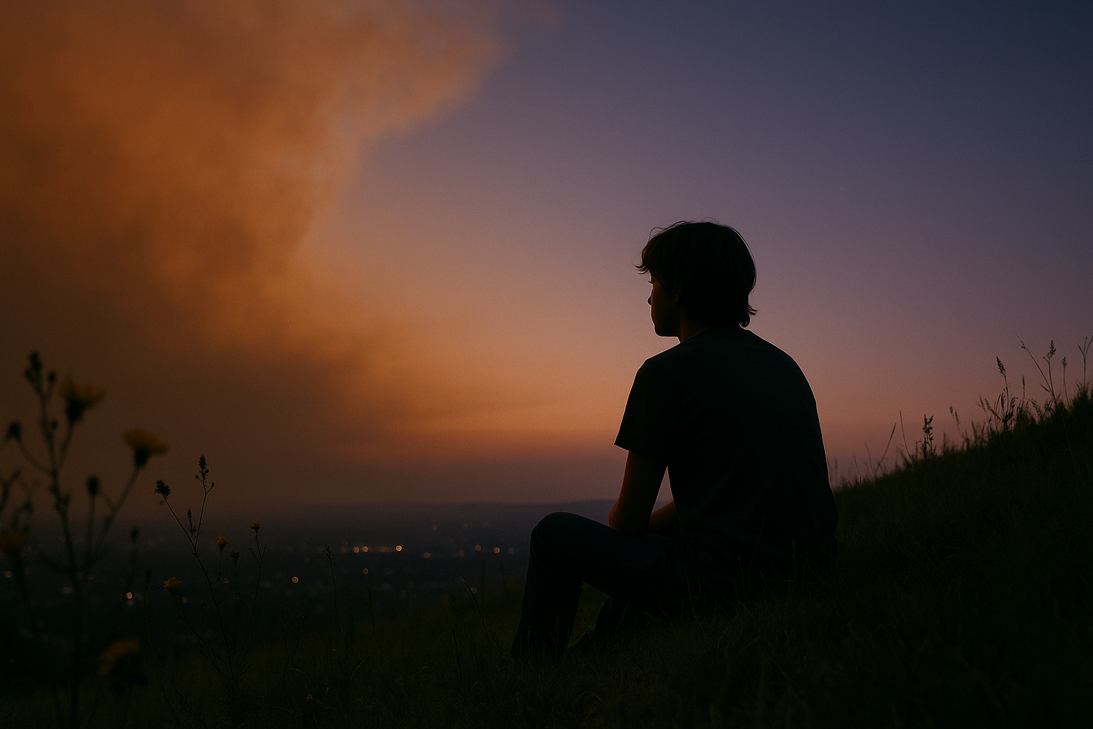 Young person on hillside watching smoky sunset symbolizing climate anxiety in Gen Z