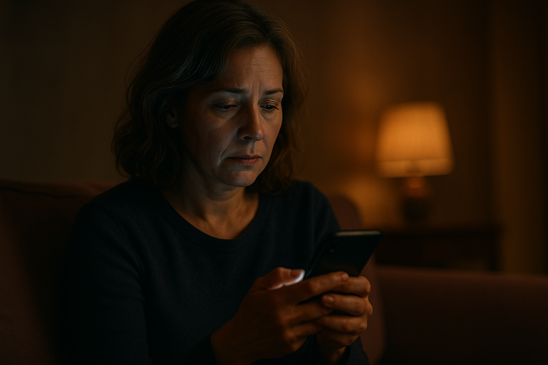 Midlife woman scrolling phone at night showing social media comparison in midlife mental health toll