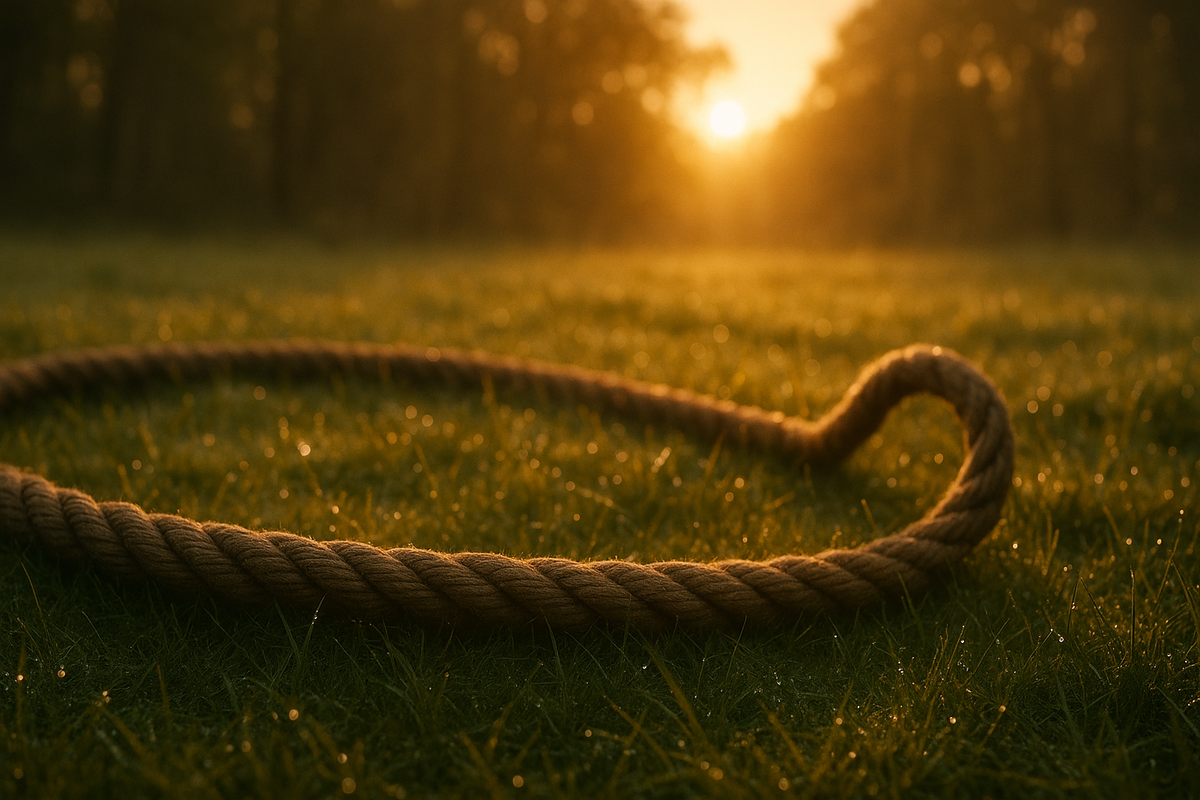 Thick weathered rope released on dewy grass at sunrise symbolizing dropping creative hopelessness exercises struggle