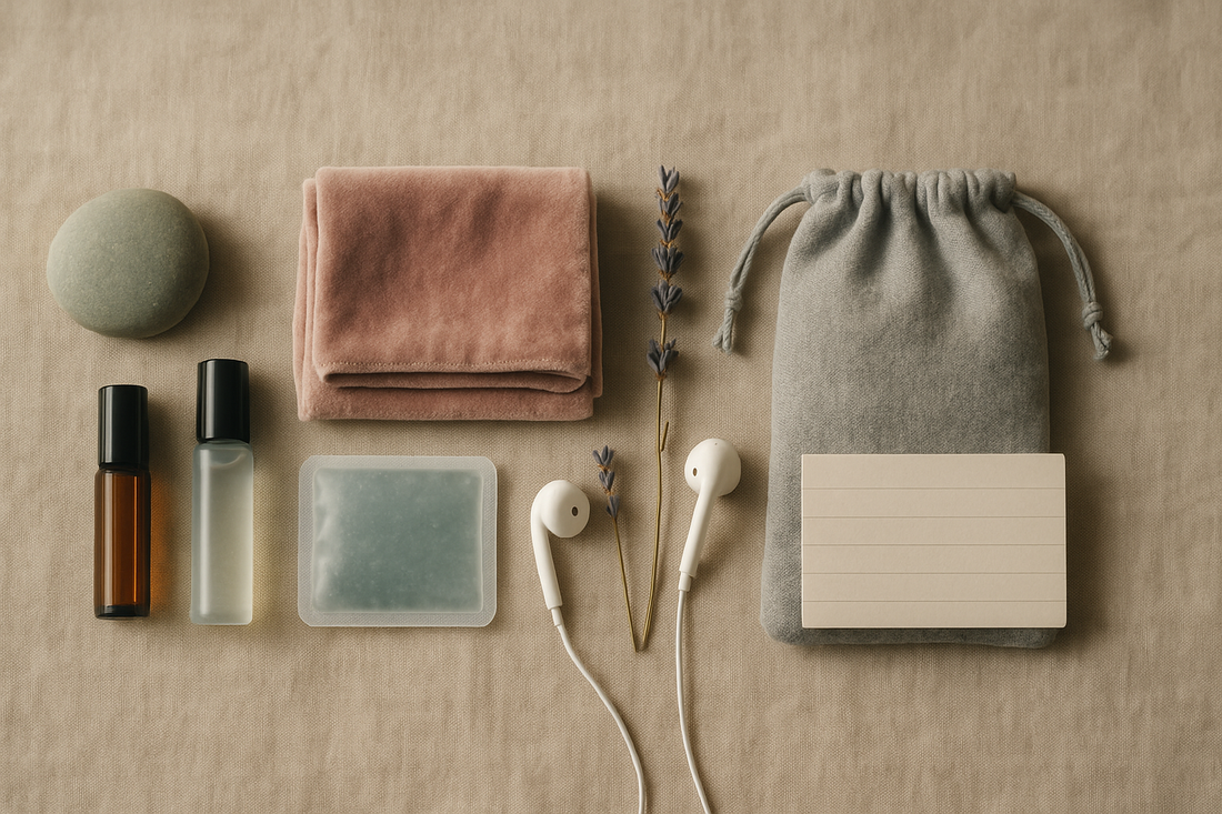 Overhead view of a personalized sensory soothing kit for panic attacks with calming natural items