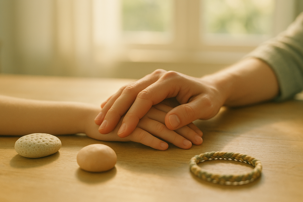 Parent gently holding child's hand near sensory fidget tools representing support for body-focused repetitive behaviors in children