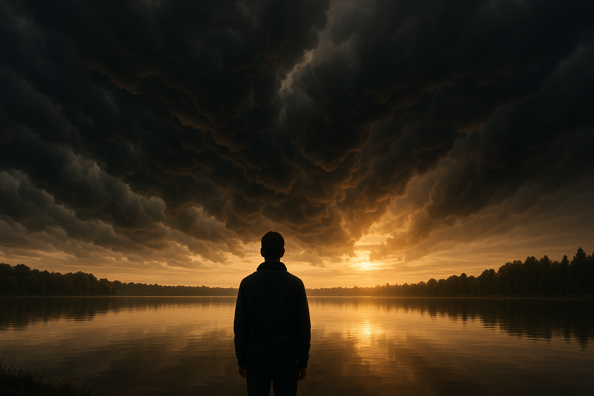 Person watching stormy clouds pass over calm lake symbolizing ACT for OCD acceptance